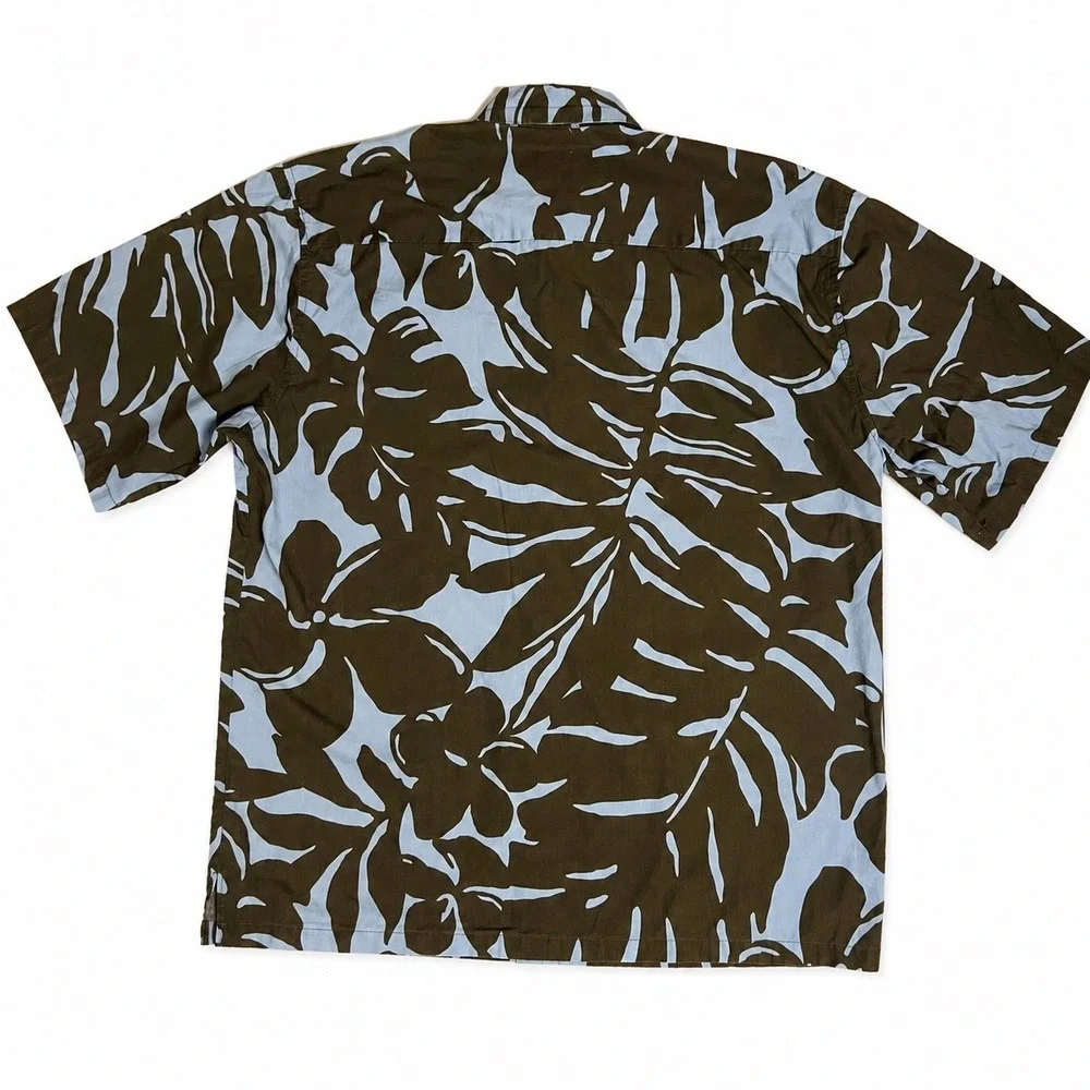 Rix Island‎ Wear Mens XL Aloha Hawaiian Shirt Olive Blue Tropical Leaf Cotton